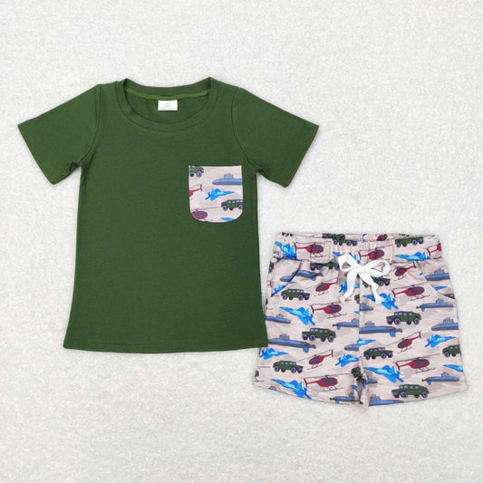 BSSO0338  Green Car Pocket Boys Short Sleeve Shorts Outfits