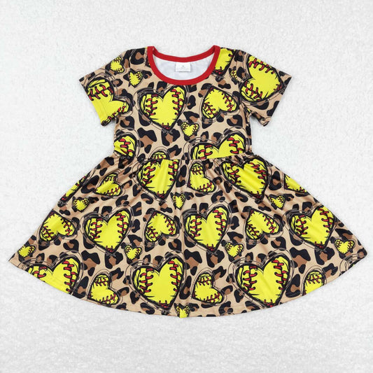 GSD0547  Valentine Love Leopard Yellow Softball  Girls Short Sleeve Dresses