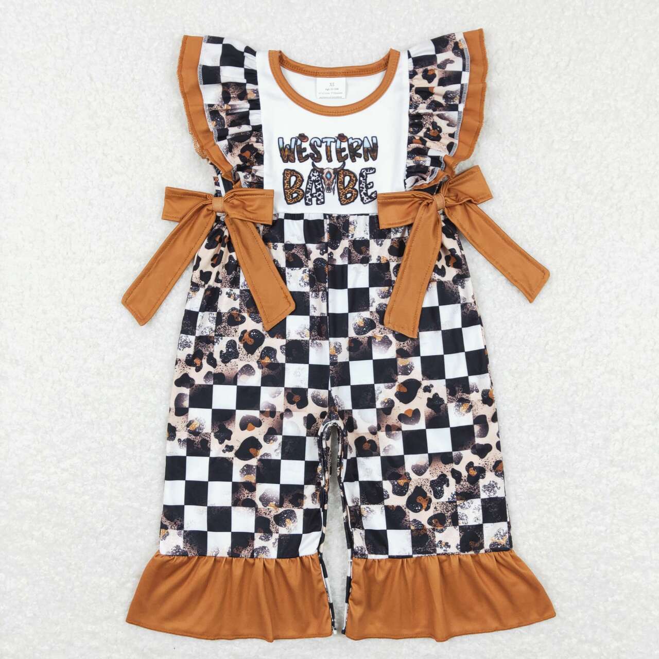 SR0185 Brown Western babe Highland Cow Leopard Girls Short Sleeve Romper