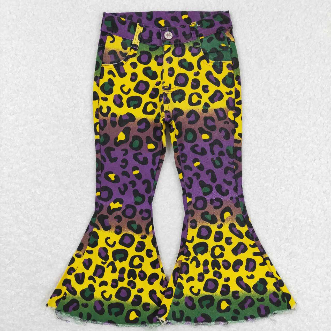 P0314 Purple Yellow Leopard  Girls Bell Bottom Denim Jeans