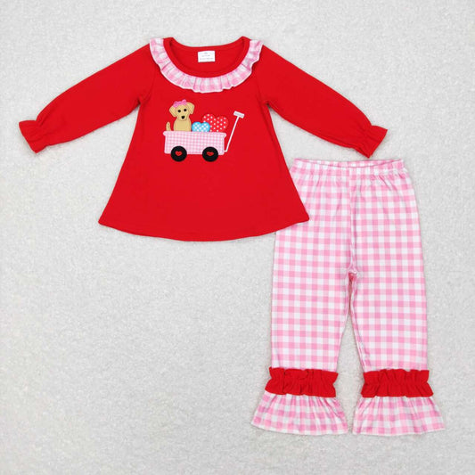 GLP0900   Valentine Love Red Dog Embroidery Tunic Girls Long Sleeve Pants Outfits