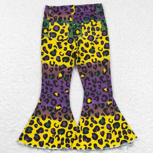 P0314 Purple Yellow Leopard  Girls Bell Bottom Denim Jeans