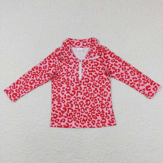 GT0414  Pink Leopard  Winter Girls Long Sleeve Top Collar T-Shirts