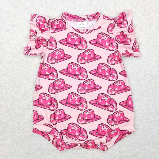 SR0623 Pink Hat Cowboy  Girls Short Sleeve Romper