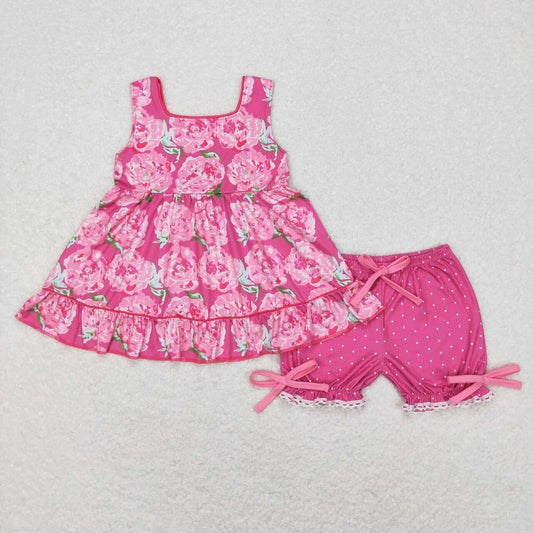 GSSO0364 Floral  Pink Print Girls Short Sleeve Shorts Outfits