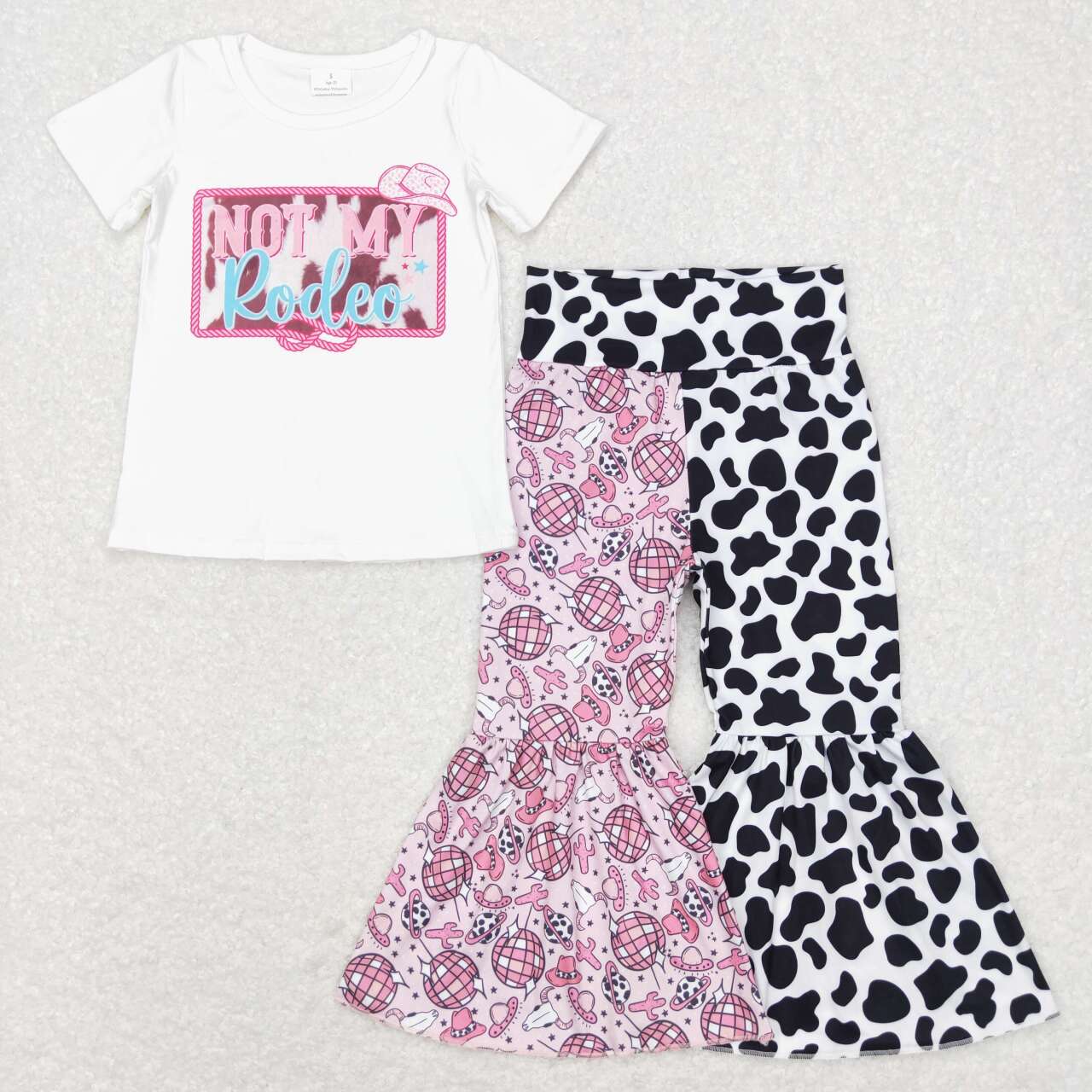 P0369 Cow print western pink    Girls Short Sleeve Bell Bottom Pants Outfits