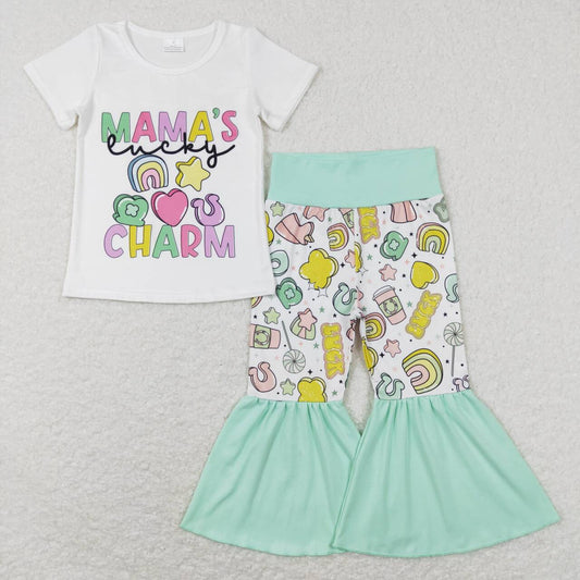 GSPO1047  St. Patrick  Green Lucky Clover Mama's charm Girls Short Sleeve Bell Bottom Pants Outfits