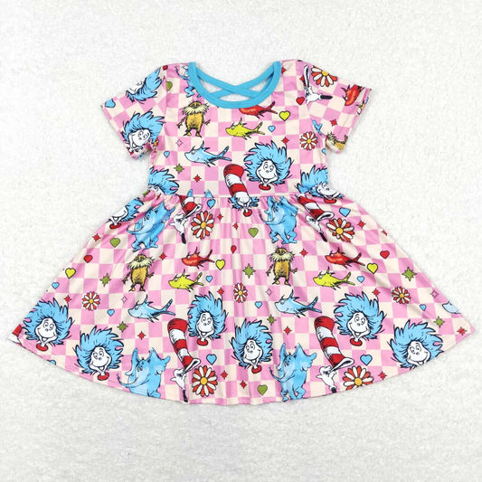 GSD0503 Cat Hat Pink blue Dr Cartoon Girls Short Sleeve Dresses