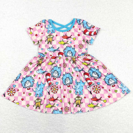 GSD0503 Cat Hat Pink blue Dr Cartoon Girls Short Sleeve Dresses