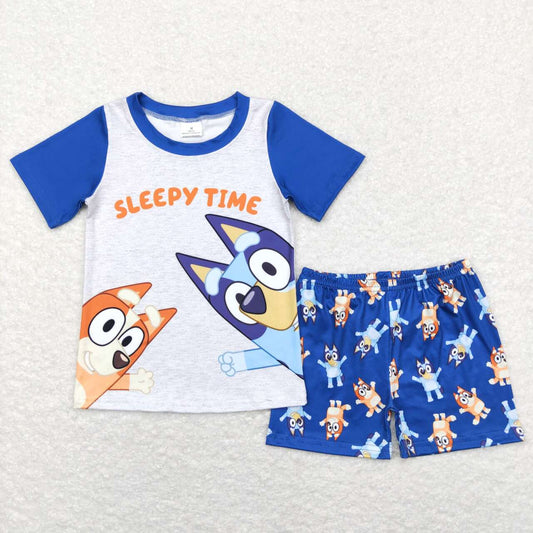 BSSO0421 Sleepy time Blue Dog Cartoon Boys Short Sleeve Shorts Outfits