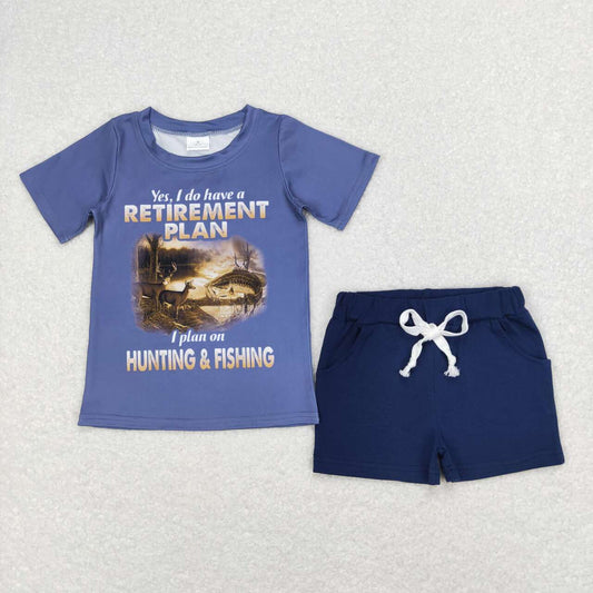 SS013 Blue fishing Western Boys Short Sleeve Shorts Outfits