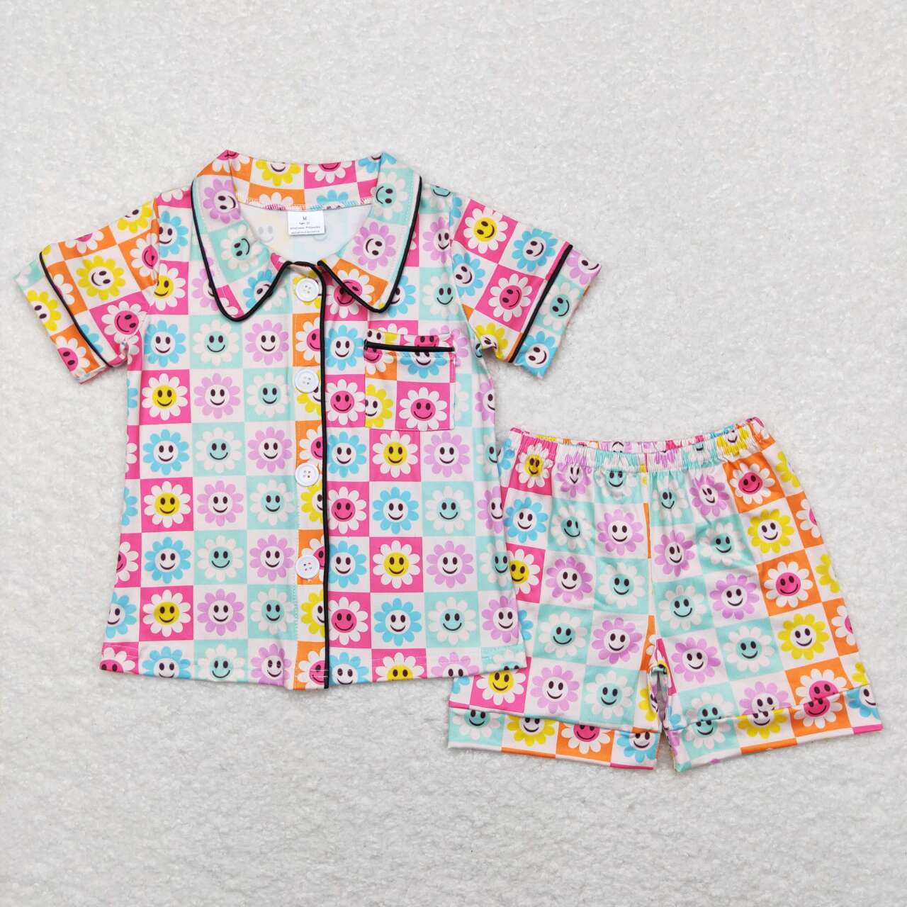 GSSO0381 Yellow Blue sunflower Smile Collar Girls Short Sleeve Shorts Outfits Pajamas