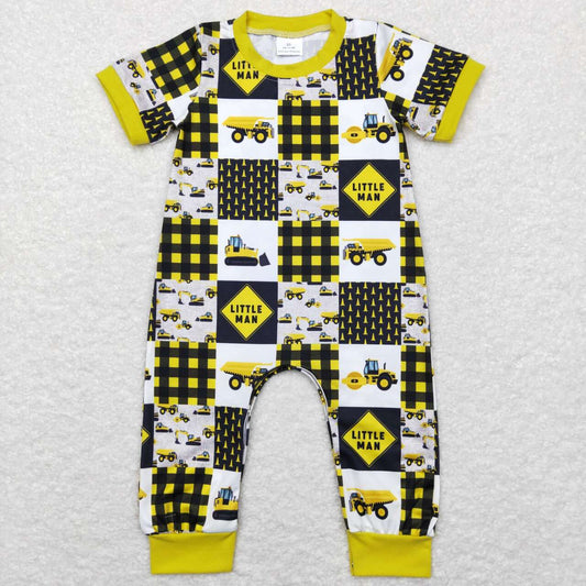 SR0609 Yellow Black Truck  Girls Short Sleeve Romper