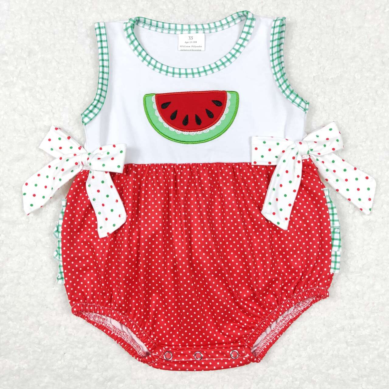 SR0593  Red Green Watermelon   Embroidery  Girls Short Sleeve Romper