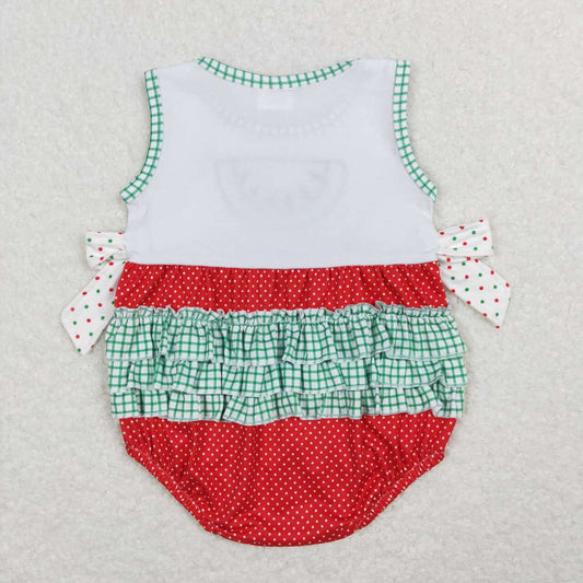 SR0593  Red Green Watermelon   Embroidery  Girls Short Sleeve Romper