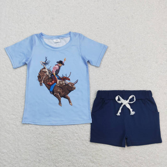 SS013 Blue rodeo Western Boys Short Sleeve Shorts Outfits