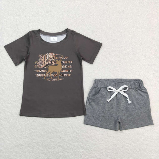 SS013 deer Western Grey Boys Short Sleeve Shorts Outfits