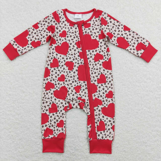 LR0775 Valentine Love Leopard  Zipper Girls Long Sleeve Romper