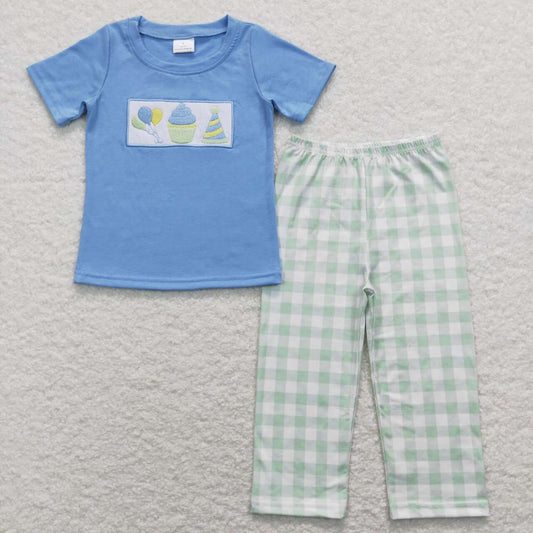 BSPO0190 Blue Happy Birthday Embroidery  Boys Short Sleeve Bell Bottom Pants Outfits