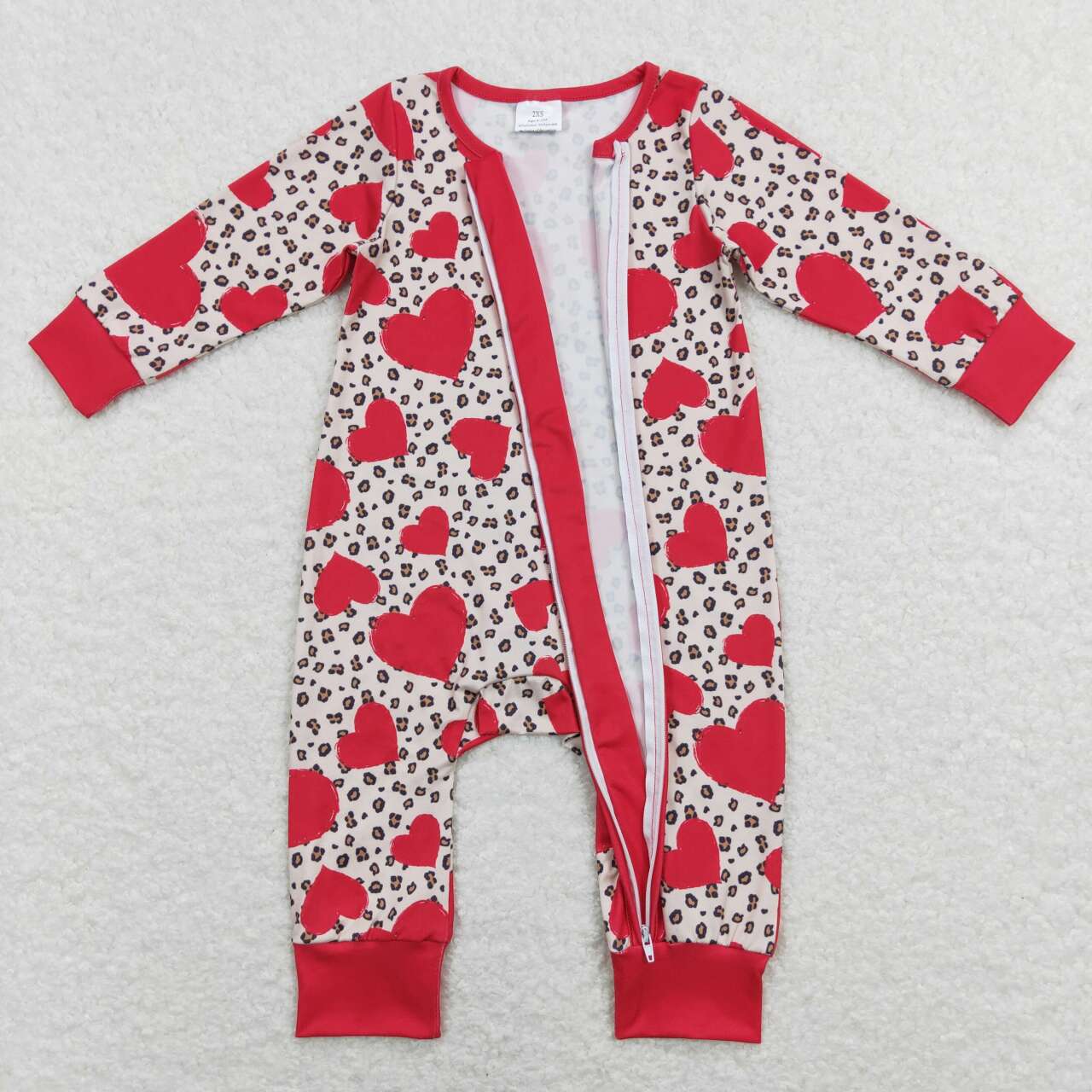 LR0775 Valentine Love Leopard  Zipper Girls Long Sleeve Romper