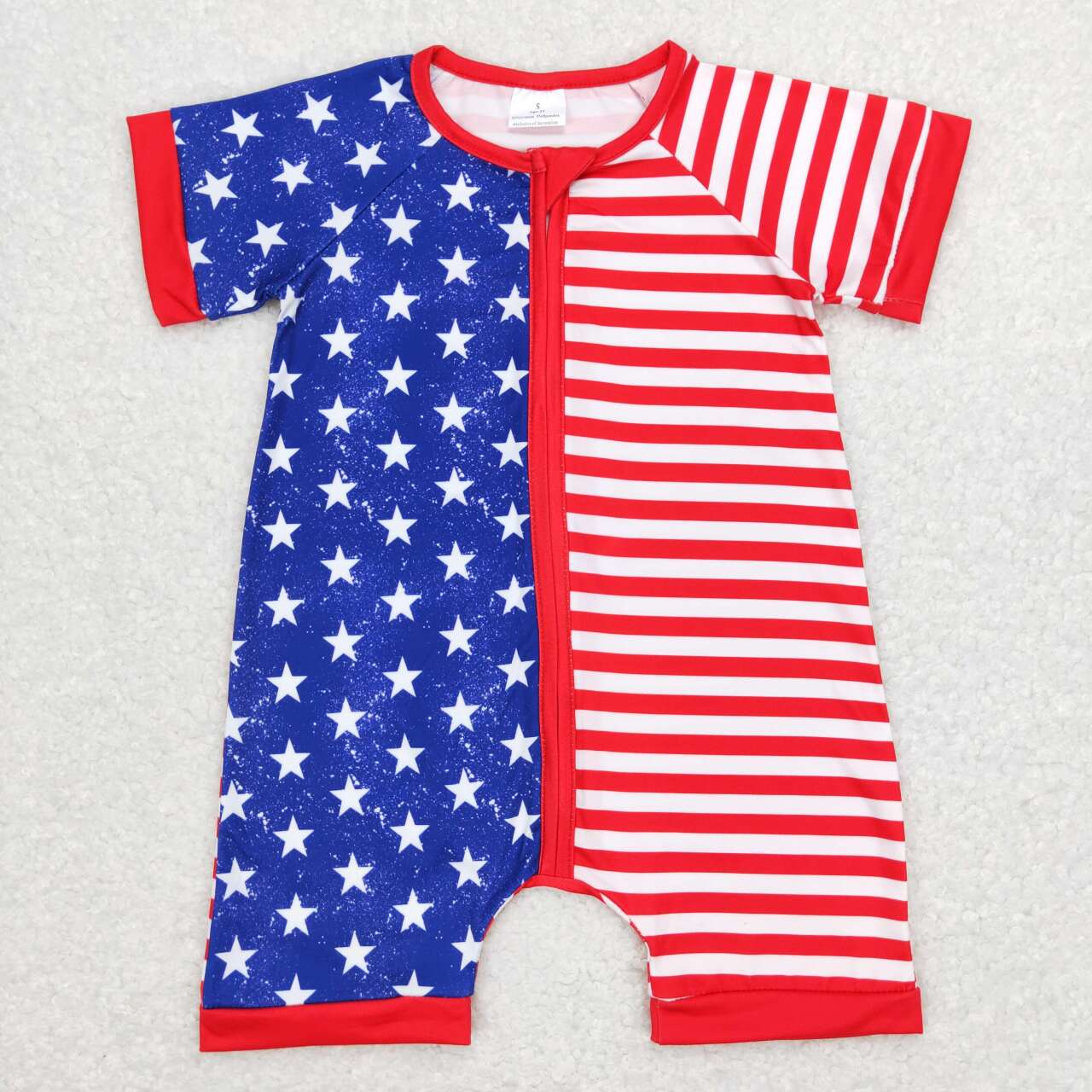 SR0673 4th of July Blue Red Star  Zipper  Girls Short Sleeve Romper