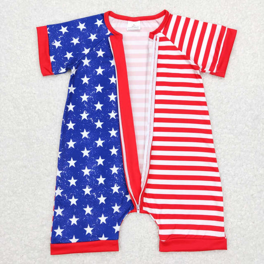 SR0673 4th of July Blue Red Star  Zipper  Girls Short Sleeve Romper