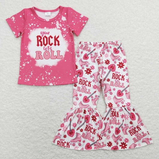 GSPO1146 Valentine Love Rock Roll Guitar Pink Girls Short Sleeve Bell Bottom Pants Outfits