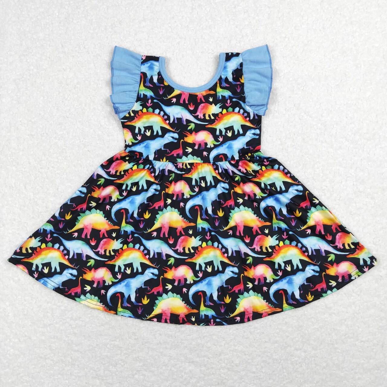 GSD0516 Blue Dinosaur cartoon  Girls Short Sleeve Dresses