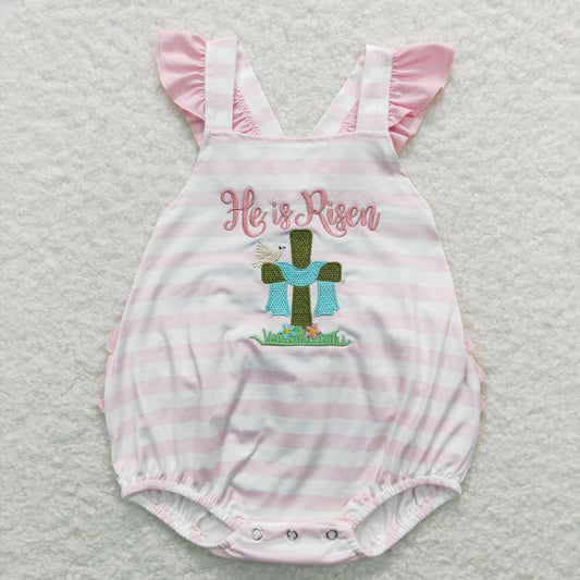 SR0564   Easter Rabbit Cross Pink he is risen Embroidery  Girls Short Sleeve Romper