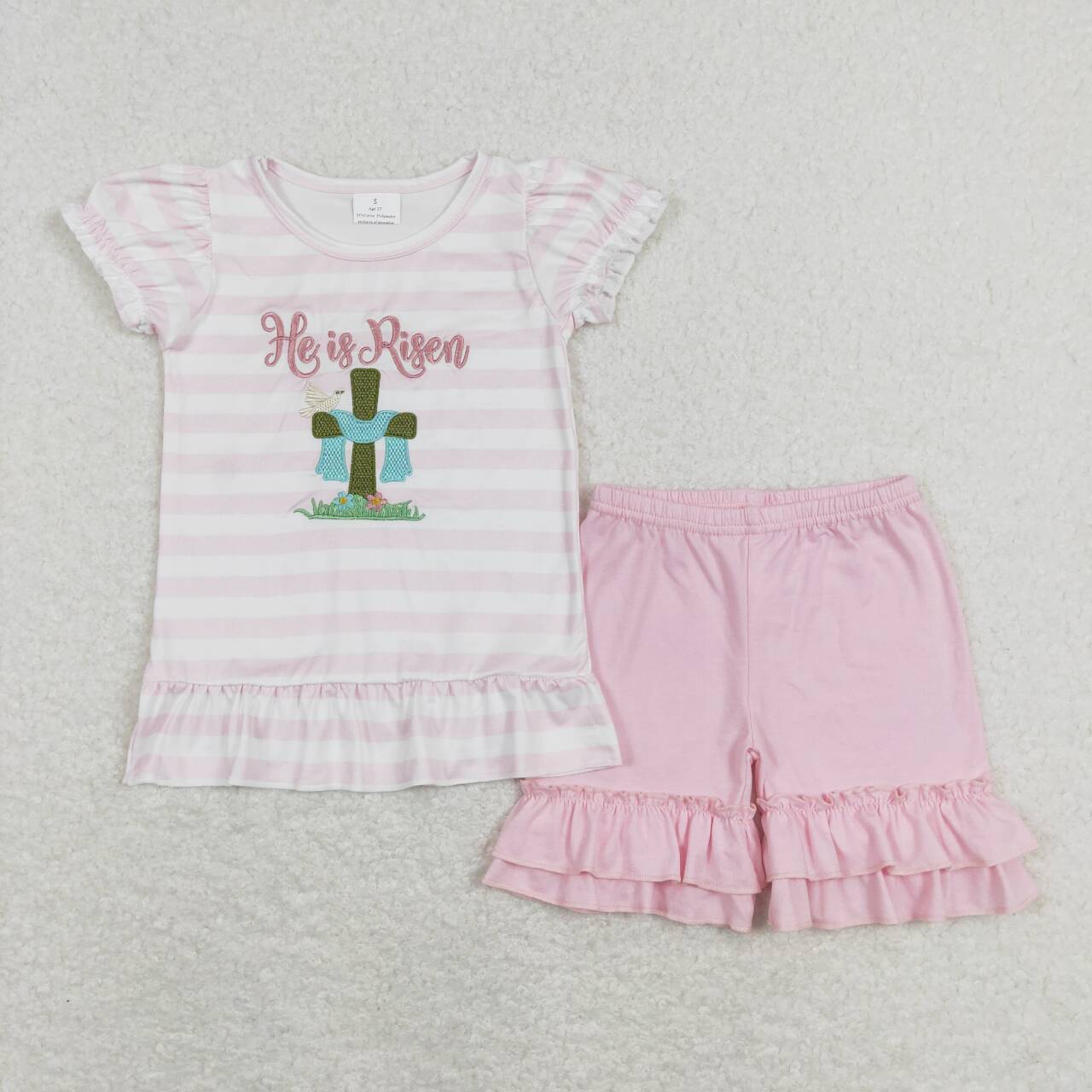 GSSO0382  Easter Rabbit Cross Pink he is risen Embroidery Girls Short Sleeve Shorts Outfits