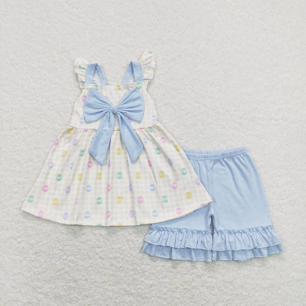 GSSO0420  Easter Blue Egg Rabbit  Bow Girls Short Sleeve Shorts Outfits