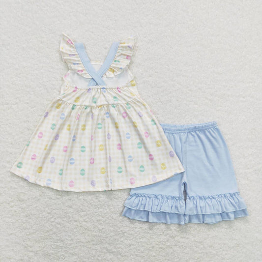 GSSO0420  Easter Blue Egg Rabbit  Bow Girls Short Sleeve Shorts Outfits