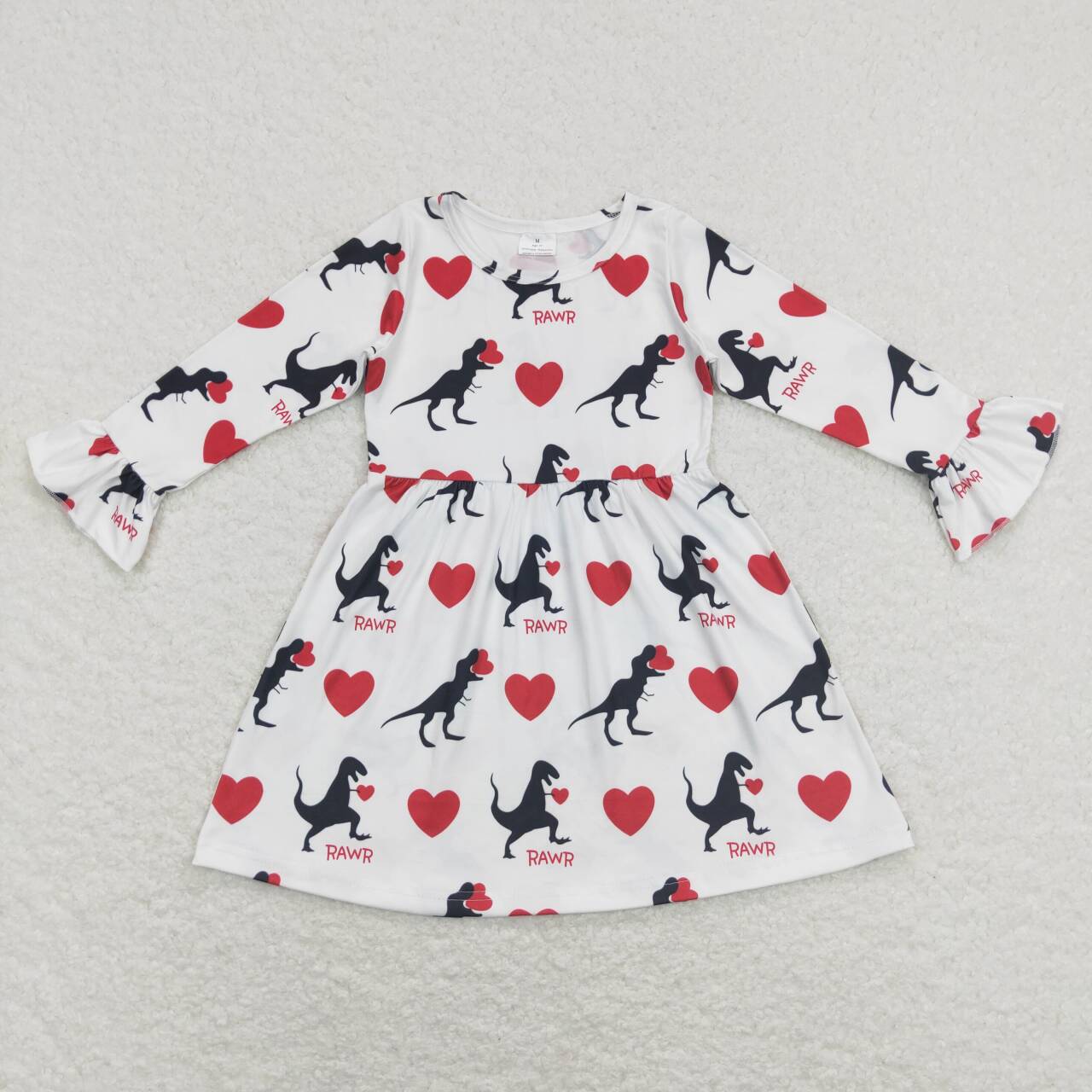 6 A23-1 Valentines' Dinosaur Red Love Print Girls Long Sleeve Dresses