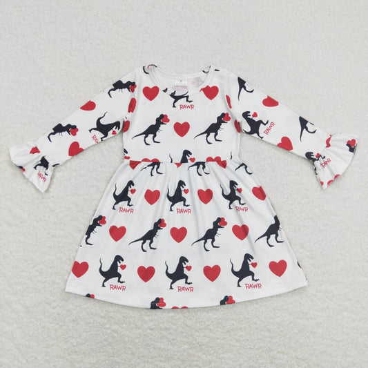 6 A23-1 Valentines' Dinosaur Red Love Print Girls Long Sleeve Dresses