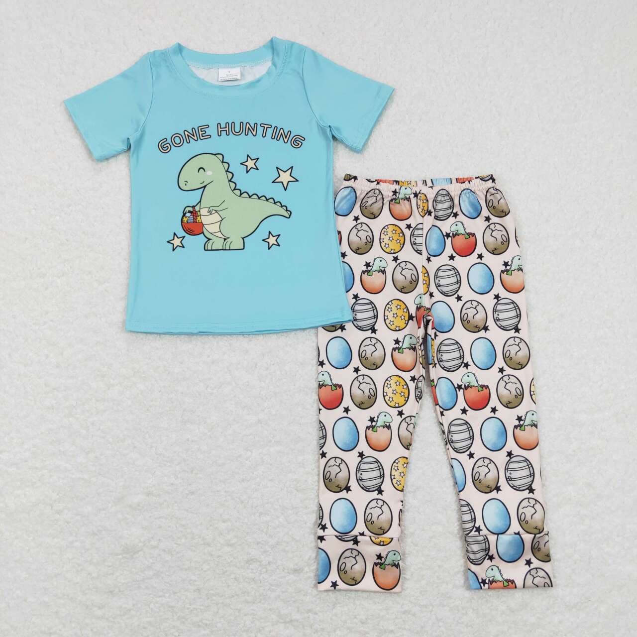 BSPO0202 Easter egg gone hunting Blue dinosaur Boys Short Sleeve Bell Bottom Pants Outfits