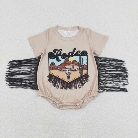 SR0464 Rodeo Highland Cow Tassel Girls Short Sleeve Romper