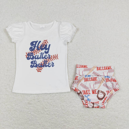 GBO0218  Ballgame hey baller red blue softball Girls Short Sleeve Bummies Outfits