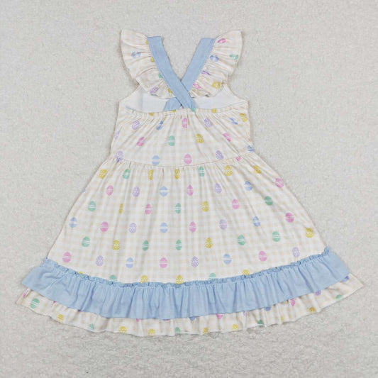 GSD0582 Easter Blue Egg Rabbit  Bow Girls Flutter Sleeve Dresses