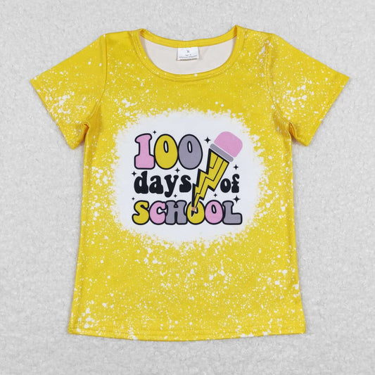 GT0387 Yellow 100 days of  school Girls Short Sleeve Top T-shirts