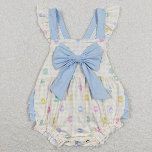 SR0656  Easter Blue Egg Rabbit  Bow   Girls Short Sleeve Romper