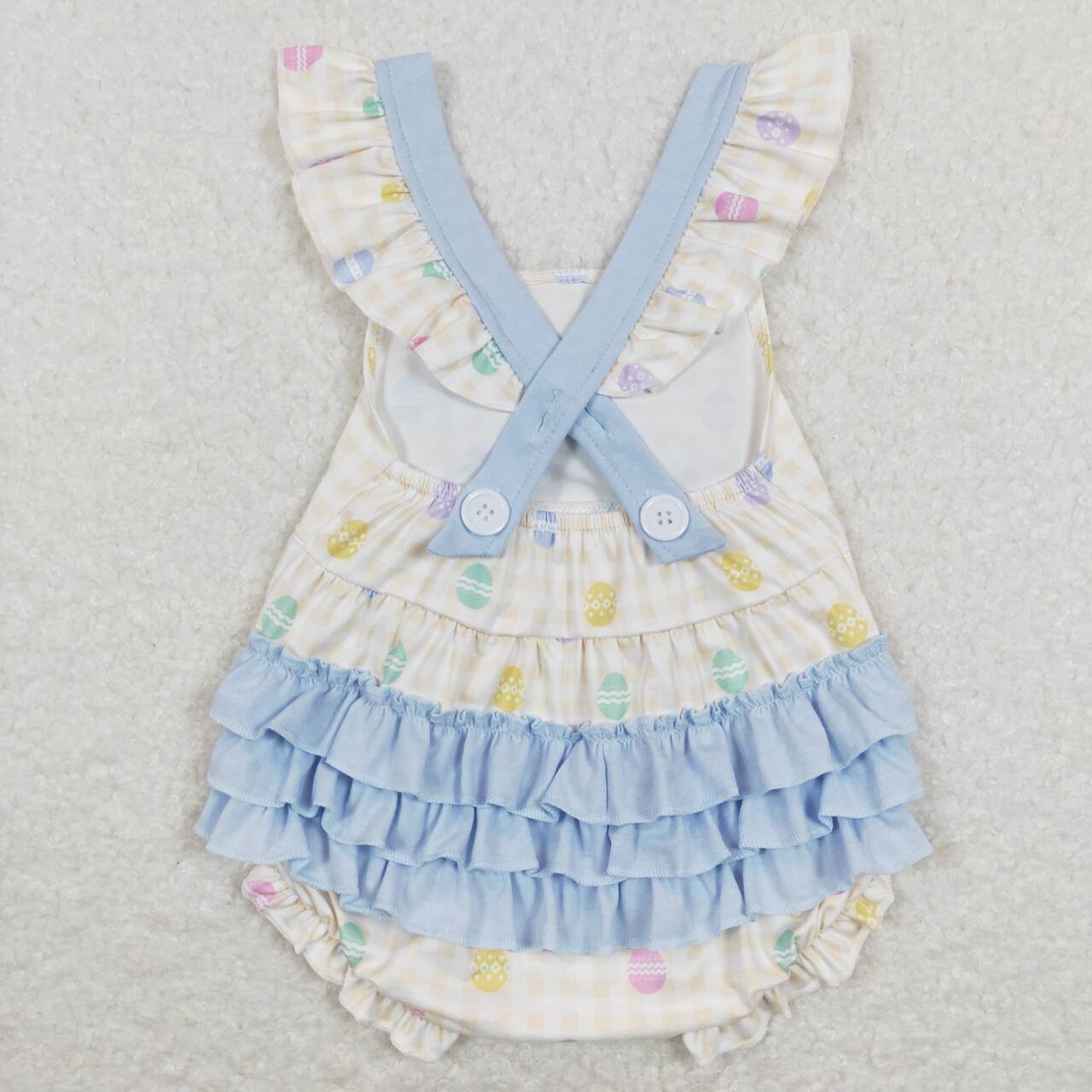 SR0656  Easter Blue Egg Rabbit  Bow   Girls Short Sleeve Romper