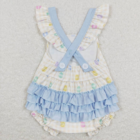 SR0656  Easter Blue Egg Rabbit  Bow   Girls Short Sleeve Romper