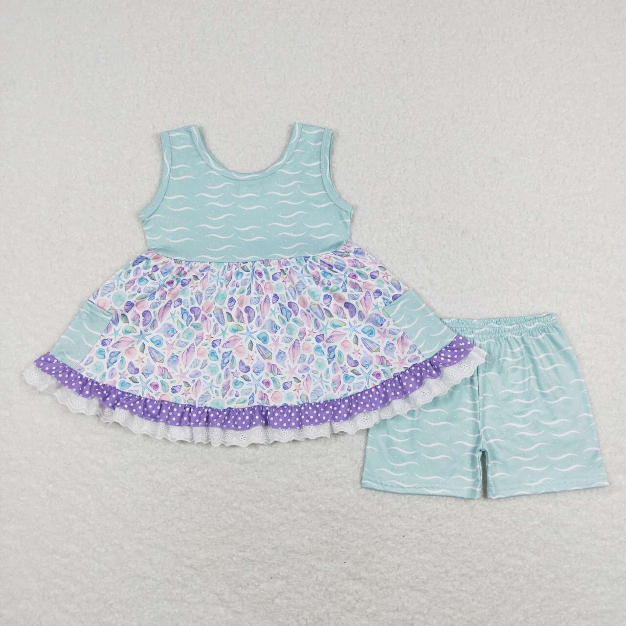 GSSO0404 Purple Blue Sea Girls Flutter Sleeve Shorts Outfits