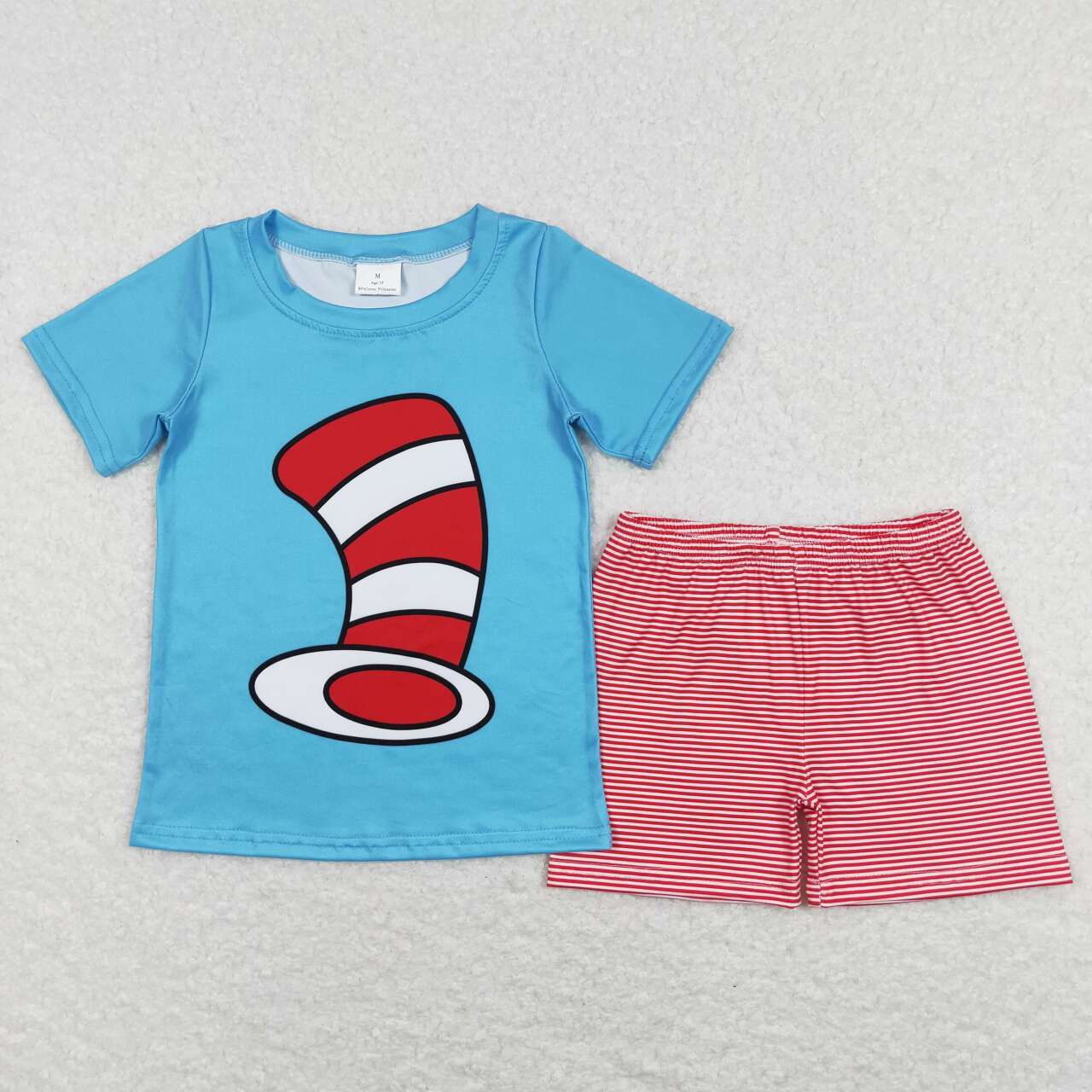 BSSO0346 Christmas Blue Red Cat Hat Dr Cartoon Boys Short Sleeve Shorts Outfits