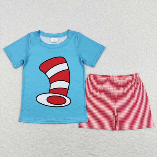 BSSO0346 Christmas Blue Red Cat Hat Dr Cartoon Boys Short Sleeve Shorts Outfits