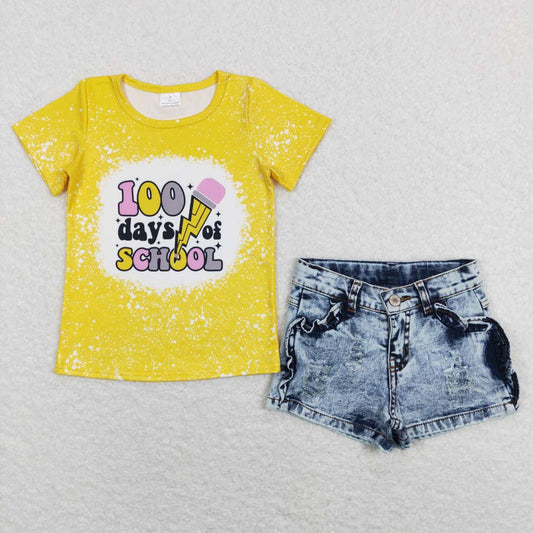 2Pcs GT0387 100 days of school yellow Top+ Denim  Girls Short Sleeve Shorts Outfits