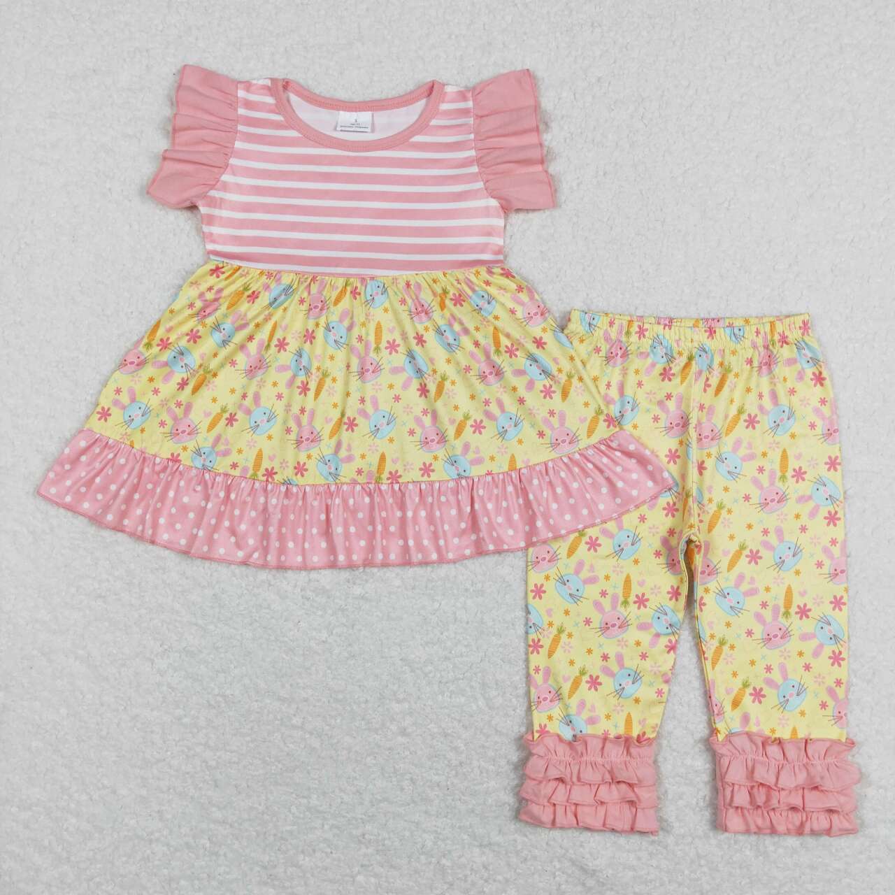 A15-23  Easter yellow pink rabbit Girls Short Sleeve Bell Bottom Pants Outfits