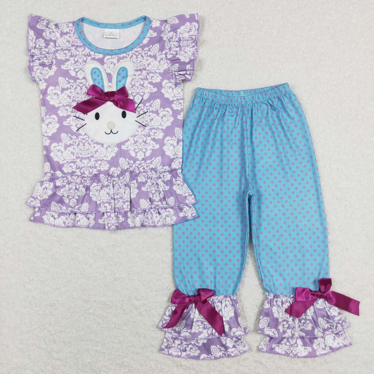 Clearance A0-1 Easter Rabbit Purple Blue With Bow Girls Short Sleeve Bell Bottom Pants Outfits