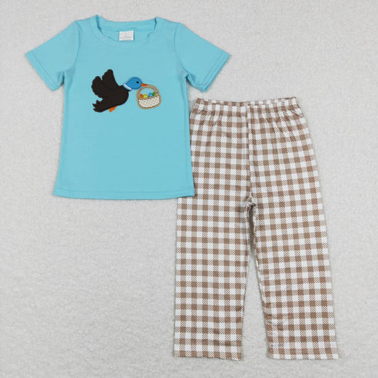 BSPO0216 Easter Blue Duck Egg Embroidery  Boys Short Sleeve Bell Bottom Pants Outfits