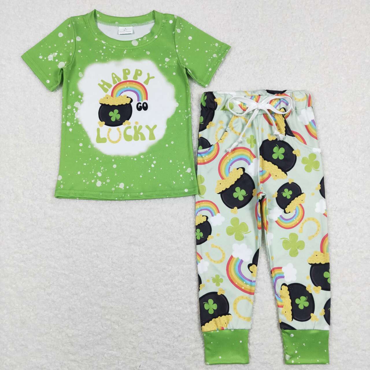 BSPO0219 St. Patrick  Green Happy Lucky Clover Boys Short Sleeve Bell Bottom Pants Outfits